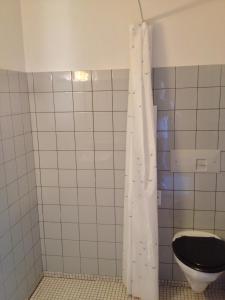 
a white toilet sitting next to a shower stall at Hotel Vadehavet in Rømø Kirkeby
