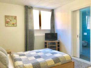 una camera da letto con un letto, una tv e una finestra di Auberge Pour Tous a Vallorbe