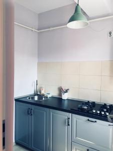 uma cozinha com armários azuis e um lavatório em Central Studio Vitan Mall em Bucareste