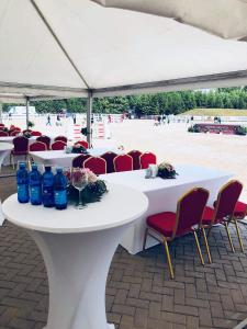 a group of tables and chairs under a white tent at Villa Audruvis in Joniškis