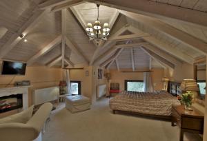 a large bedroom with a bed and a fireplace at Boutique Hotel Skamnos Arachova in Arachova
