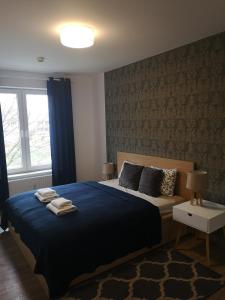コウォブジェクにあるA&B Apartmentsのベッドルーム(青いベッド1台、窓付)