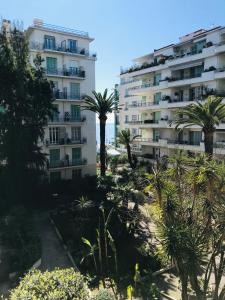 Nice Beach - Promenade Des Anglais في نيس: عمارة سكنية امامها نخيل