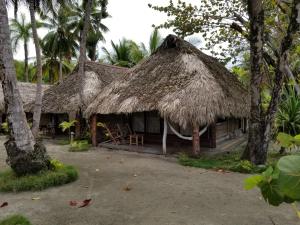 a small hut with a thatched roof and palm trees at Playa Paraiso en Magante in La Yagua