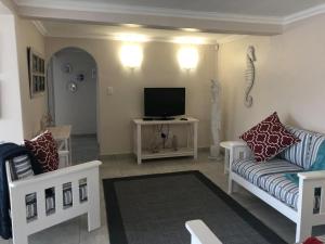 a living room with two couches and a television at Seaside Place in Struisbaai