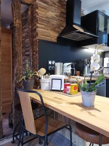 a kitchen with a wooden counter with potted plants at Le sauna de l'homme de Bois by Naturogite in Honfleur