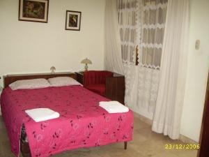a bedroom with a pink bed with a red blanket at Hostal Camiluz in Nazca
