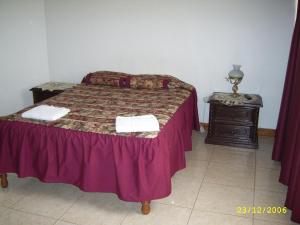 a bedroom with a bed and a dresser with a purple bedspread at Hostal Camiluz in Nazca