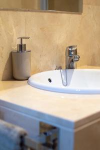 a bathroom sink with a soap dispenser on a counter at Apartamentos Océanos in Málaga
