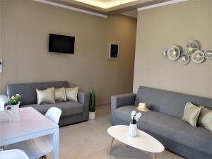 a living room with two couches and a tv at Jolen House in Skala Kallirachis