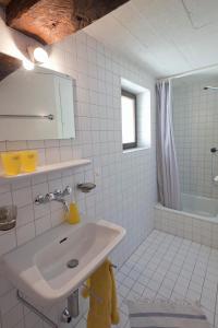 bagno bianco con lavandino e doccia di Palazzo Eglin - safe landscape a Maggia