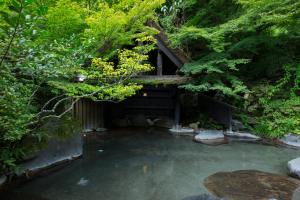 uma piscina de água num jardim com árvores em Kurokawa Onsen Oku no Yu em Minamioguni