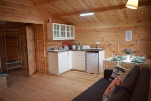 a kitchen and living room of a log cabin at Cyprus Glamping Park in Ayios Theodhoros