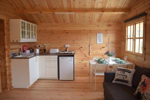 a kitchen and living room in a log cabin at Cyprus Glamping Park in Ayios Theodhoros