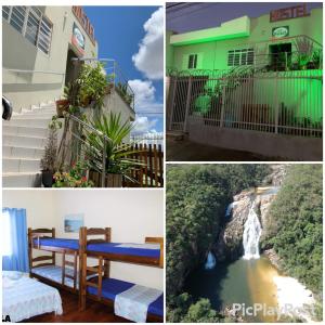 uma colagem de fotos com uma cascata e uma casa em Pousada e Hostel Passos I Suítes em Passos