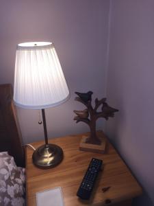 a table with a lamp and a remote control on it at Chiverton House Guest Accommodation in Penzance