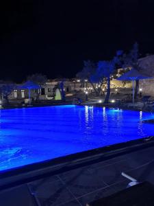 duży basen w nocy z niebieskim oświetleniem w obiekcie The Old Village Hotel & Resort w mieście Wadi Musa