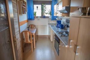 una pequeña cocina con fogones y mesa. en Ferienwohnung Sonja mit Westbalkon, en Neualbenreuth