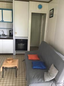 ein Wohnzimmer mit einem grauen Sofa und einem Tisch in der Unterkunft Gite Palmier in Bouillante