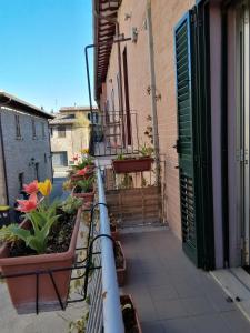 einen Balkon mit Blumen in Töpfen auf einem Gebäude in der Unterkunft La Corte degli Angeli Locazioni Turistiche in Assisi