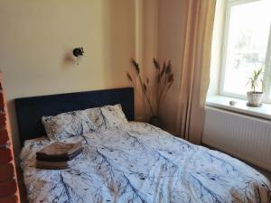 a bedroom with a bed with a pillow and a window at Stylish apartment with sauna in Kuressaare