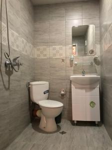 a bathroom with a toilet and a sink at Guest House Urdoviza in Kiten +25 photos