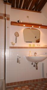 a bathroom with a sink and a mirror at Ferienhaus am Solling in Dassel