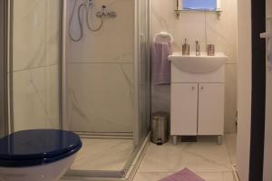 a bathroom with a shower and a toilet and a sink at BMB Apartments in Senj +64 photos