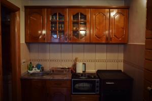 eine kleine Küche mit Holzschränken und einem Waschbecken in der Unterkunft Vikendica Ristić in Šljivovica