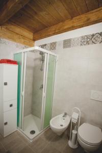 een badkamer met een douche, een toilet en een wastafel bij La Casa Dei Nonni in Irsina