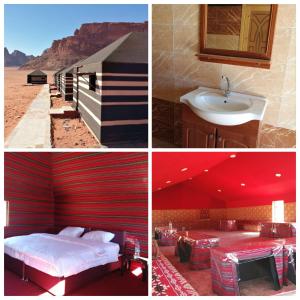 un collage de cuatro fotos de una habitación con cama y lavabo en Black Irish Camp And Tours, en Wadi Rum