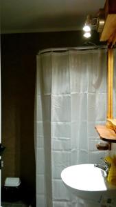 uma casa de banho com uma cortina de chuveiro branca e um lavatório. em Departamentos de Alquiler Turistico: Familia Eguren em San Carlos de Bariloche