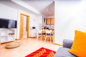 ein Wohnzimmer mit einem Sofa und einer Küche in der Unterkunft Enjoy Aveiro Apartment in Aveiro