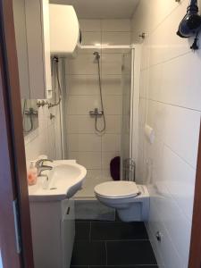 a bathroom with a toilet and a sink and a shower at Apartmani Mia in Trogir