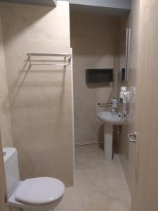 a bathroom with a toilet and a sink at Pensión A Carballeira in Villalba
