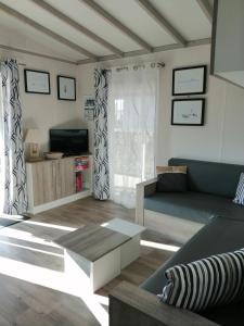- un salon avec un canapé et une télévision dans l'établissement les Bains de Mer, à Grandcamp-Maisy