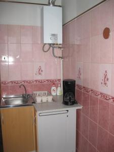 una pequeña cocina con fregadero y azulejos rosados en Private apartment in Tallin Kalamaja en Tallin