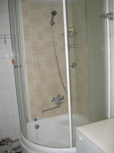 a shower with a glass door next to a toilet at Private apartment in Tallin Kalamaja in Tallinn