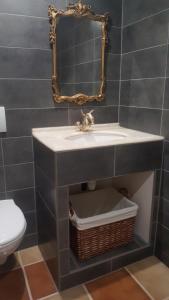 a bathroom with a sink and a basket under a mirror at Stargazer in Saint-Chamassy +15 photos