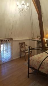 a bedroom with a chandelier and a bed and a chair at Stargazer in Saint-Chamassy