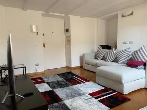 Appartamento Brera في ميلانو: غرفة معيشة مع أريكة بيضاء وسجادة