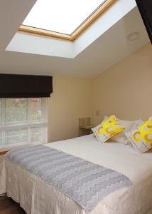 a bedroom with a large bed with a skylight at Departamentos Nómades del Lago in Puerto Varas