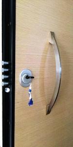 a metal doorhandle with a key on a wooden door at Asimelia Luxury Apartment in Heraklio Town