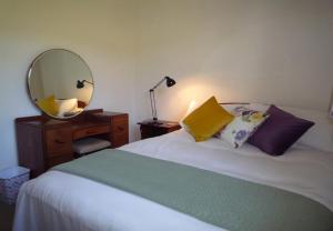 een slaapkamer met een bed met een spiegel en een lamp bij Dingle Bay View in Dingle
