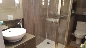 uma casa de banho com um chuveiro, um lavatório e um WC. em Cruachan Guest House em Stoer
