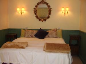 a bedroom with a bed with two pillows and a mirror at Glenboy Country Accommodation in Oldcastle