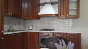 a kitchen with wooden cabinets and a stove at Avantis Apartments in Perivólia