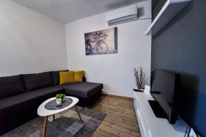 ein Wohnzimmer mit einem schwarzen Sofa und einem TV in der Unterkunft Jure Apartment in Biograd na Moru