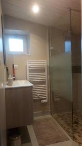 uma casa de banho com uma cabina de duche em vidro e um lavatório. em Le Petit Logis em Puy-du-Fou