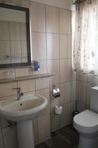 a bathroom with a sink and a toilet and a mirror at Omaruru Guesthouse in Omaruru